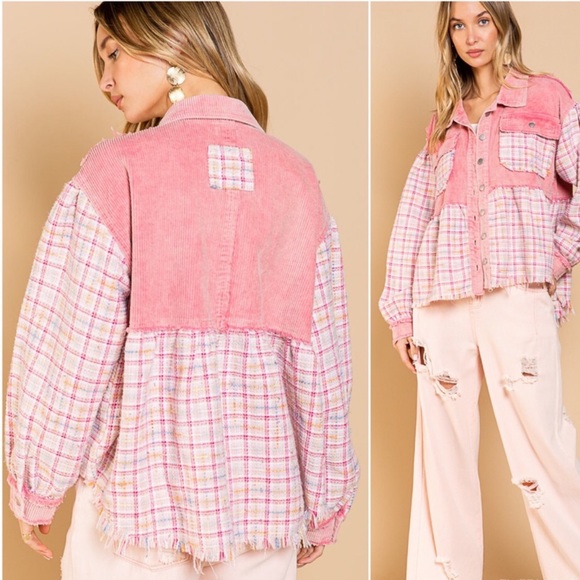 Corduroy Tweed Ballon Sleeves Pink Womens Shacket Button Down - Picture 2 of 11